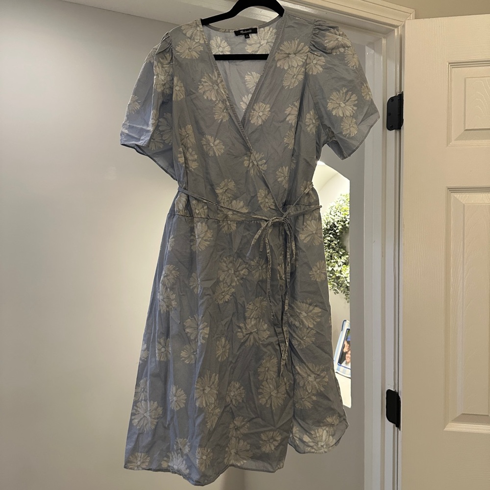Madewell Floral Wrap Dress in Light Blue and White